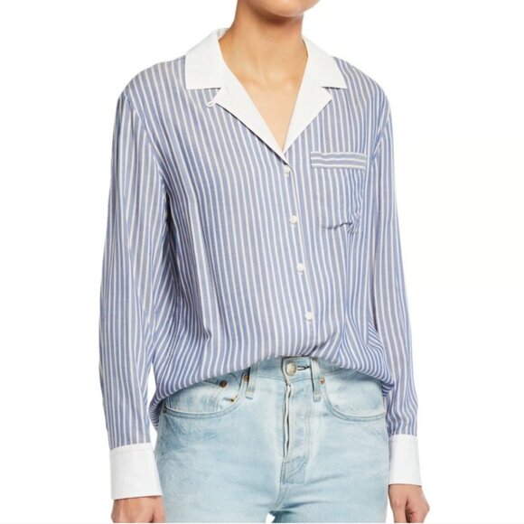 Rag & Bone Amelia Blue and White Striped Long Sleeve Notched Collar Shirt - M - Picture 1 of 5